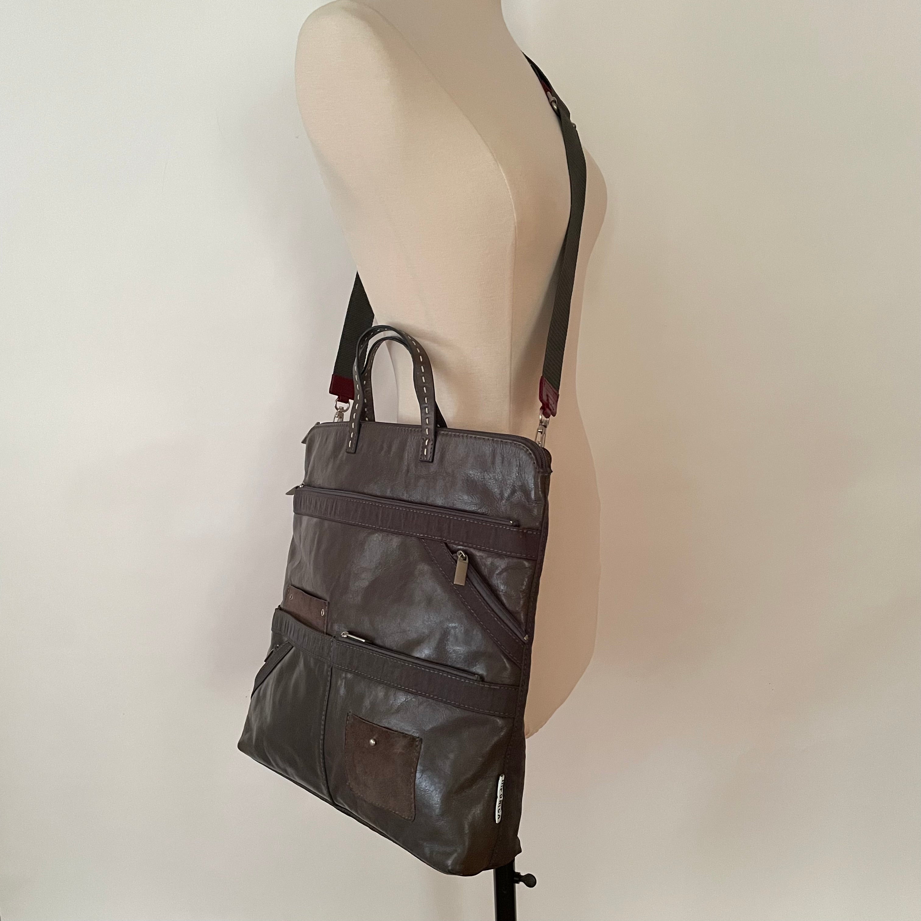 Premium Collection | Leather Shoulder Bag with Nylon Accents and Flower Embroidery and Detachable Adjustable Cross-Body Shoulder Strap | Grey